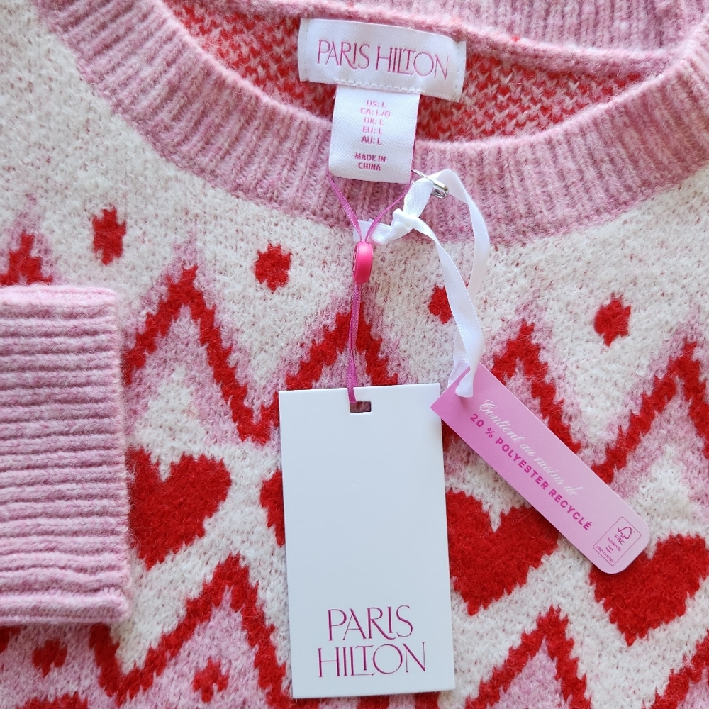 NWT Paris Hilton Pullover Crewneck Sweater Pink Hearts Bows | Women's Size L - Picture 6 of 9